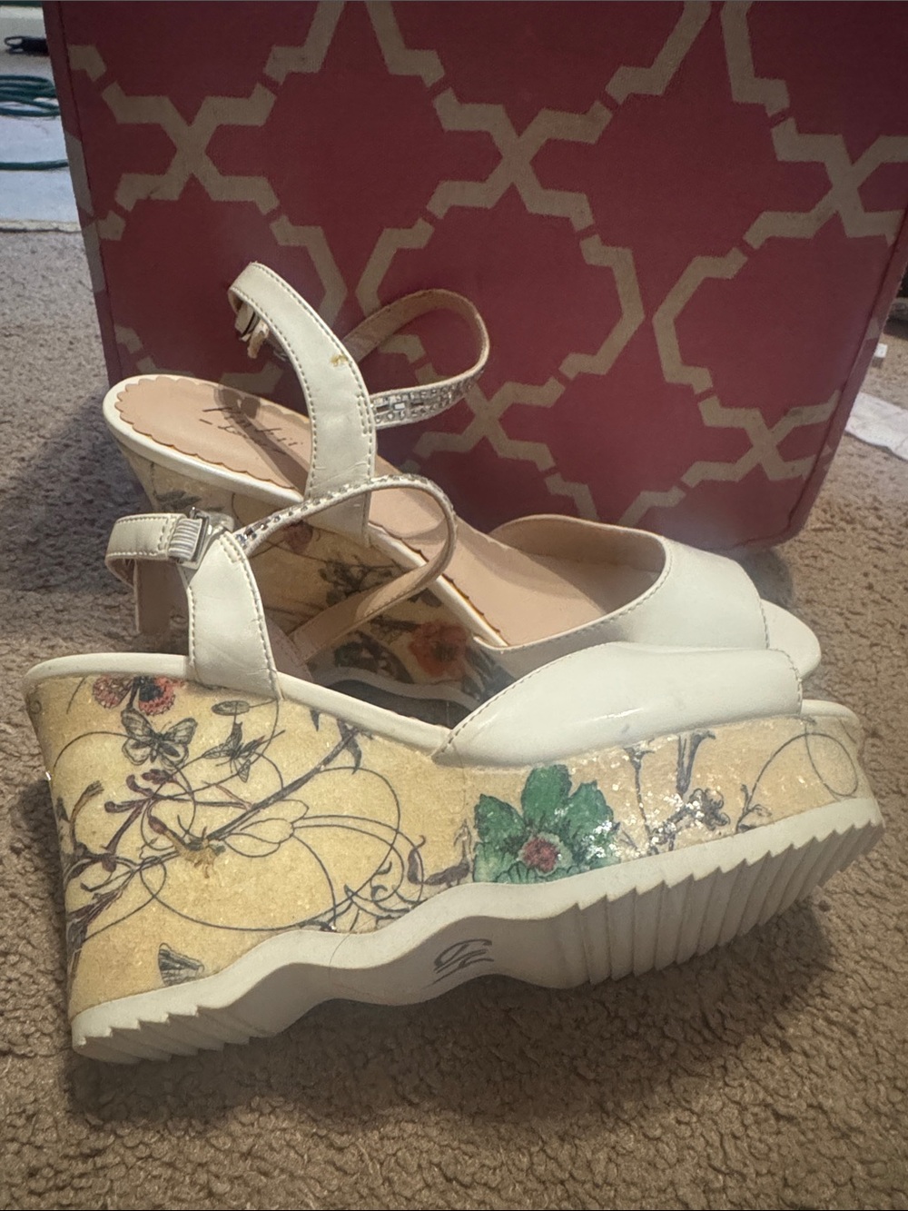 MICHI Cream Floral-Print Platform Wedge Sandals with Ankle Strap